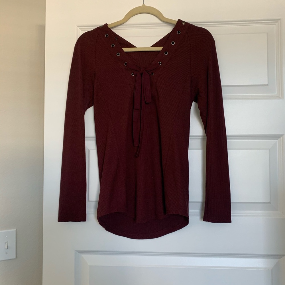 Maroon Bow Front Long Sleeve Shirt